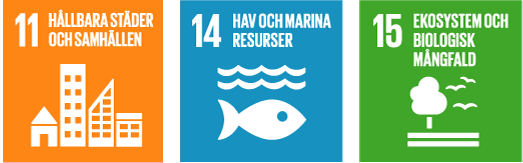 De globala målen nummer 11, 14, 15: Hållbara städer och samhällen, Hav och marina resurser samt Ekosystem och biologisk mångfald.