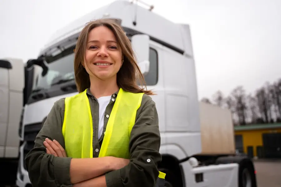 Tjej med varselväst står framför en lastbil