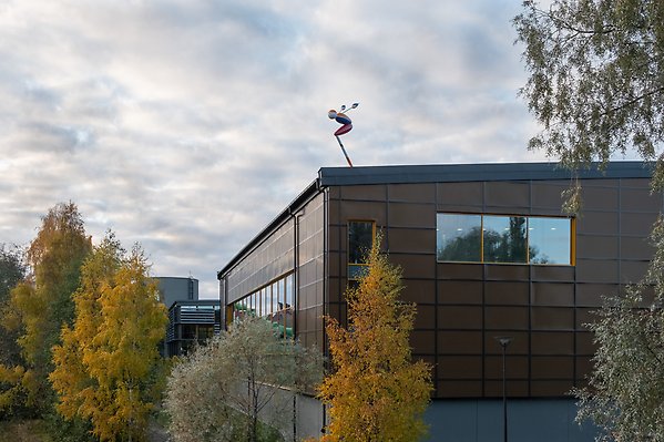 Konstverket Hopp av Inges Idee placerat på Simhallens tak.
