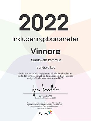 Diplom från Funkas Inkluderingsbarometer 2022. Sundsvalls kommun vinnare